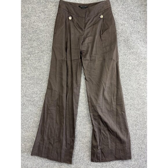 Theory Pants Womens 2 Brown Linen Blend Wide Leg Trousers Button Detail Casual - Picture 1 of 8